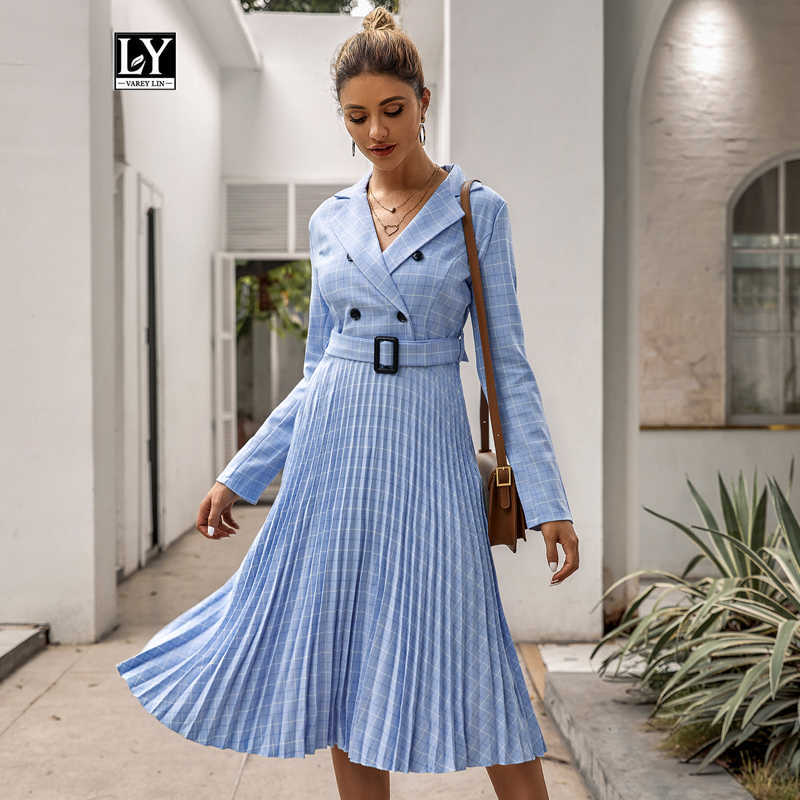 Ly Varey Lin V-neck Plaid Blazer Dress Women Elegant Long Sleeve Button Pleated Office Ladies Belt Autumn Winter Vestidos 210526, Blue
Ly Varey Lin V-neck Plaid Blazer Dress Women Elegant Long Sleeve Button Pleated Office Ladies Belt Autumn Winter Vestidos 210526, Blue