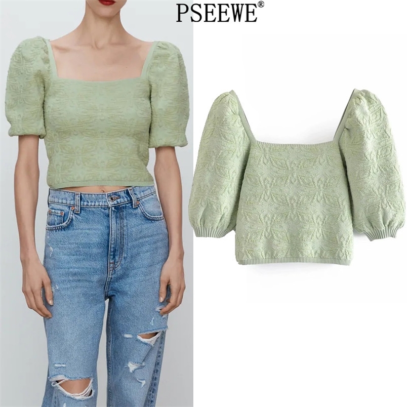 Green Crop Top Women Jacquard Knitted Cropped Woman Sweater Fashion Square Neck Short Puff Sleeve Summer 210519
Green Crop Top Women Jacquard Knitted Cropped Woman Sweater Fashion Square Neck Short Puff Sleeve Summer 210519