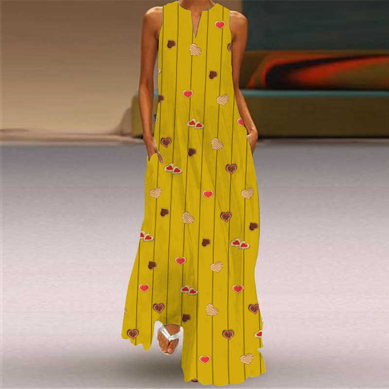 Ladies Summer Sexy Sleeveless V-Neck 3D Printed Dress Retro Floral Plus Size Maxi Dress Women Loose Beach Vestidos Dresses 210630