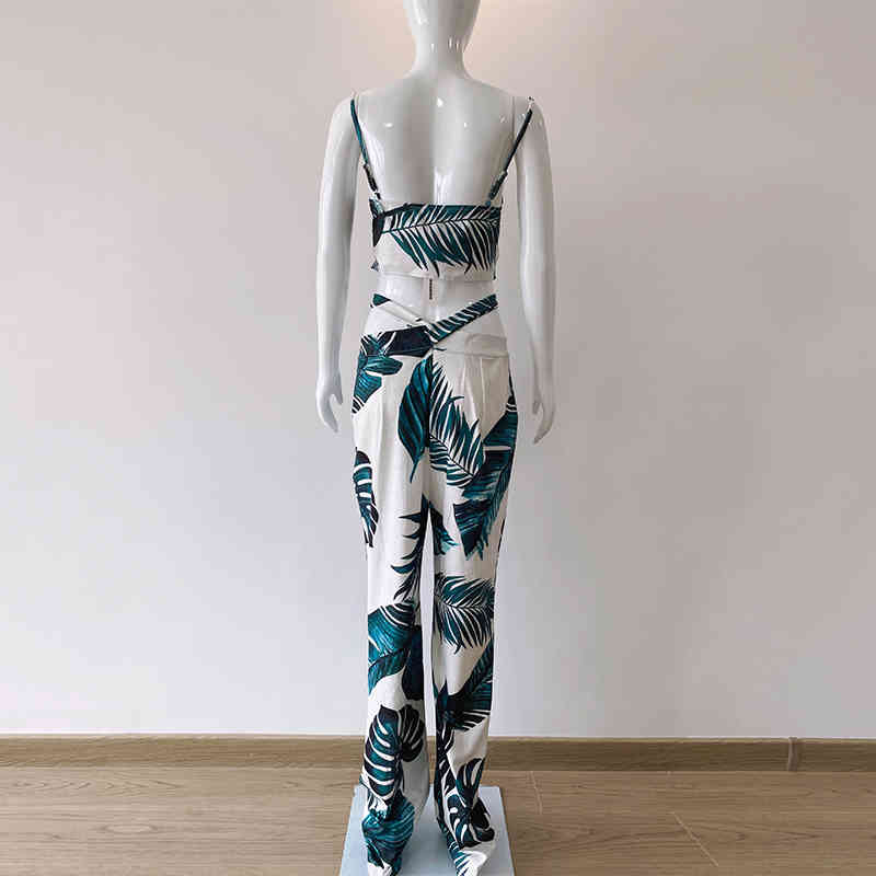 summer Palm Leaf Printed Sexy Sling Top & long pant with Belt women 2 peice set S-XL 210521