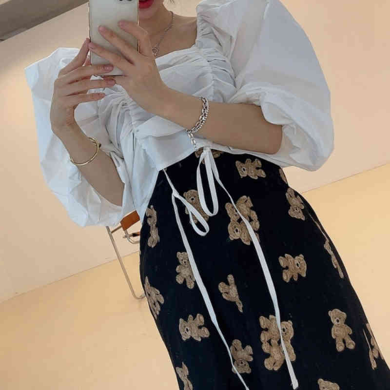 Nomikuma Korean Cartoon Bear Printed Skirt Spring Summer High Waist Women Mermaid Skirts Causal Elegant Faldas De Mujer 6H081 210427