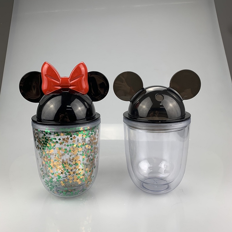 9 Colors! Small 12oz Acrylic Mouse Ear Tumblers with Straw Clear Plastic Dome Lid Tumbler for Kids Children Parties Double Walled Cute Cartoon Water B