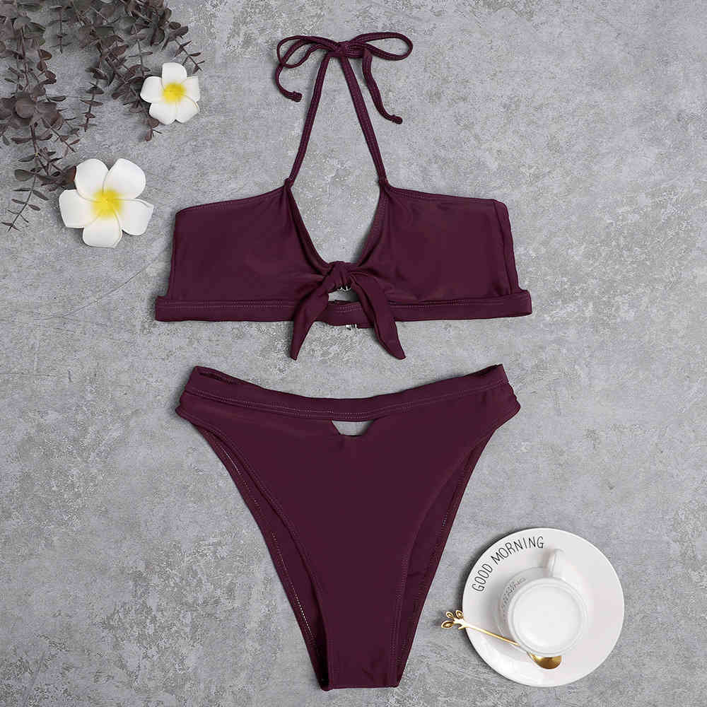 Push-Up Two Pieces Women Tie Front High Waist Bandage Bikini Set Swimsuit Swimwear Bathing Suit Beach Wear Biquini 210520