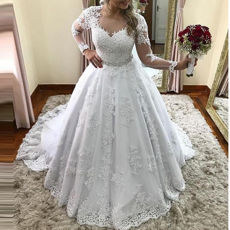 Vintage Lace Appliques A Line Wedding Dress Long Sleeve Garden Chapel Bridal Gowns Sheer Nec Court Train Plus Size Bride Wedding Dresses Robes De Mari