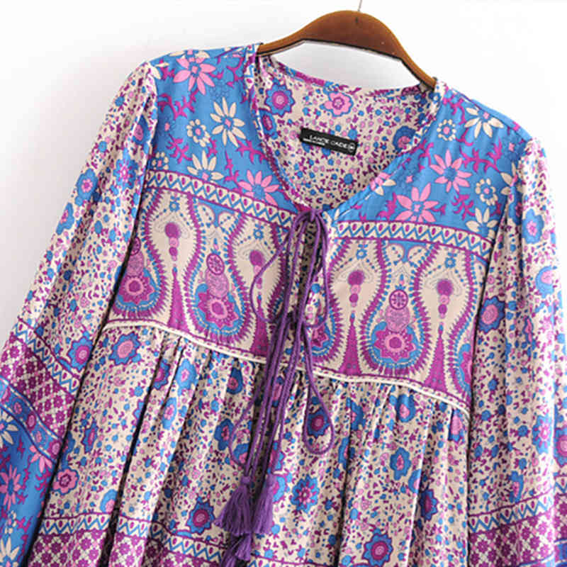 beauty Boho Floral Print Cotton Women's Midi Dress Holiday Style Beautiful Fashion Tassel Female Mini Dresses 210514