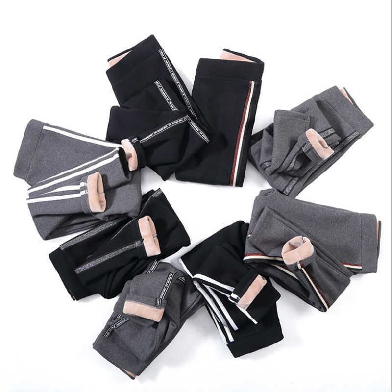 Autumn Winter Cotton Velvet Leggings Women High Waist Side Stripes Sporting Fitness Leggings Pants Warm Thick Leggings 210820