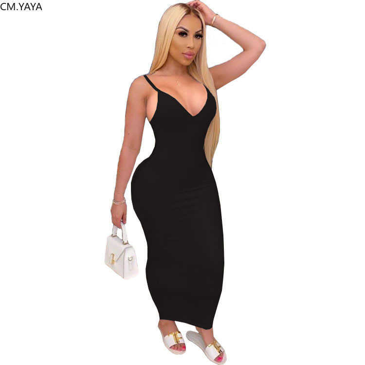 CM.YAYA Women Summer Spaghetti Strap V-neck Sleeveless Bodycon Midi Pencil Maxi Dress Sexy Party Club Long Dresses 210630