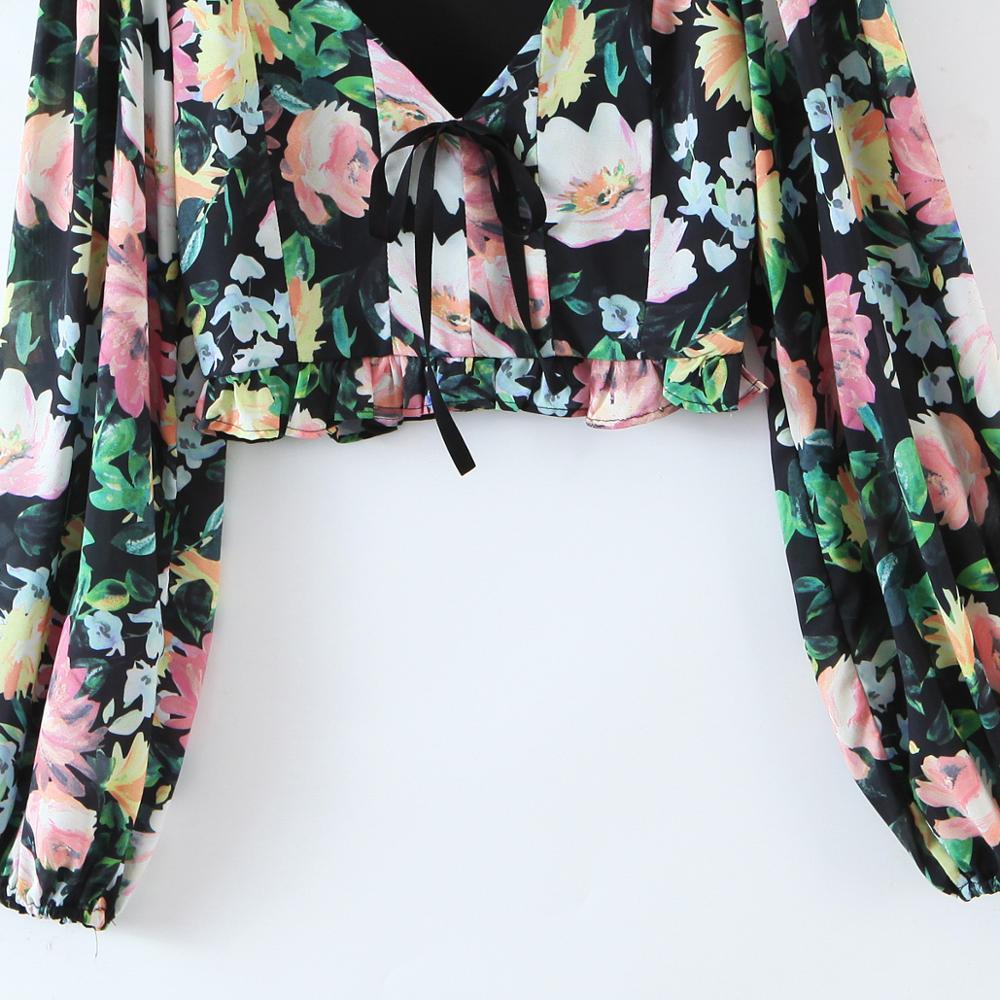 Stylish Women Sexy Tie bow Front Ruffle Hem Slim Fit Pullover Cropped Shirt High waist Short Blouse French Tops 210429