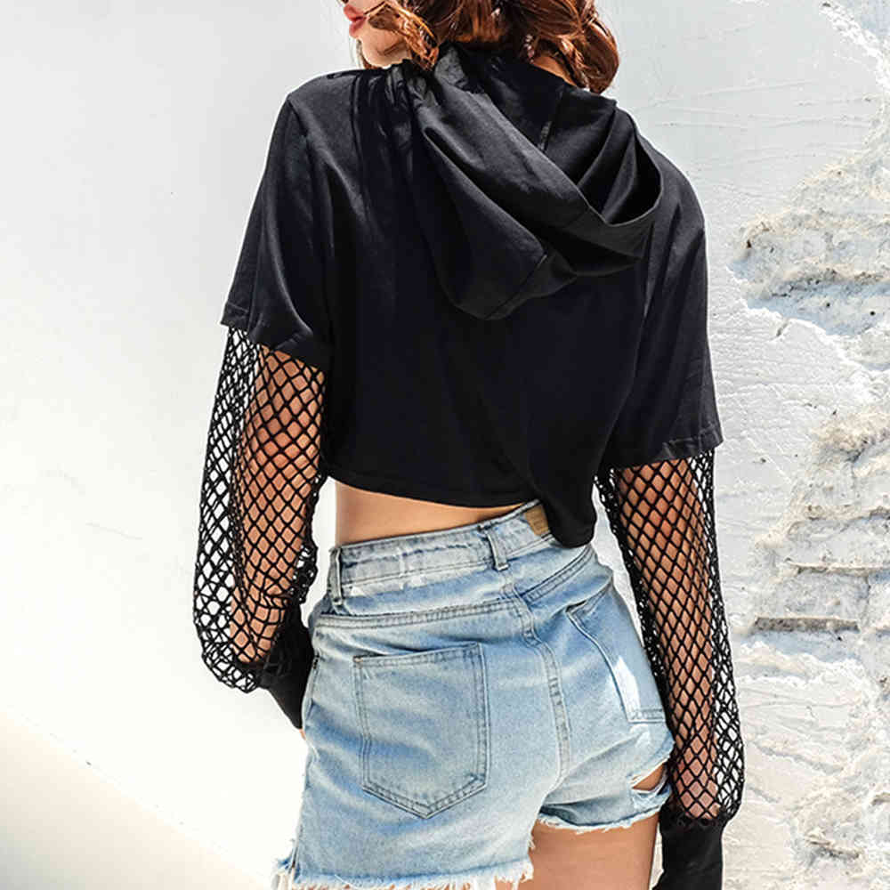 Women Mesh Long Sleeve Crop Tops Casual Letter Print Short Hoodies Sweatshirts Female Streetwear Fashion 210428