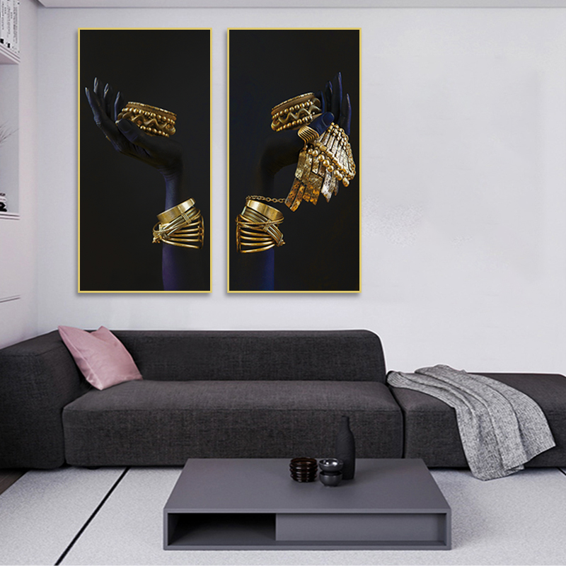 Black and Gold African Woman's Hand Canvas Poster Modern Wall Art Picture Silver Jewelry Oil Painting For Living Room Decoration