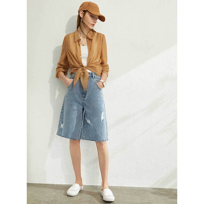 Minimalism Spring Summer Causal Cotton Women Denim Pants Fashion High Waist Loose Knee-length Female Ripped Jeans 12030185 210527