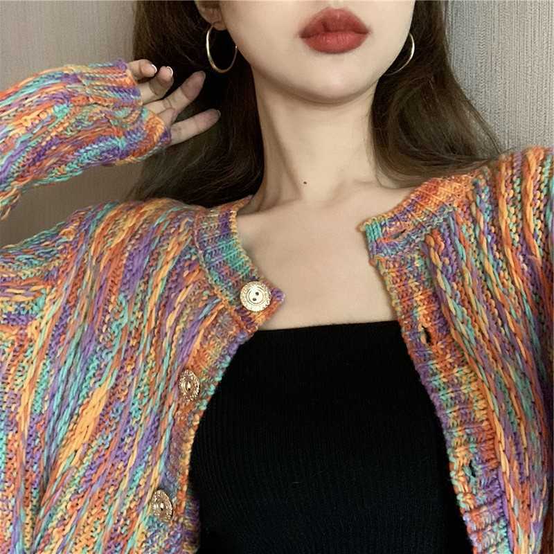 Yedinas Rainbow Sweater Cardigans Casual Chic Colorful Women Cardigan Autumn Winter Button Up Knitted Sweaters Korean Fashion 210527