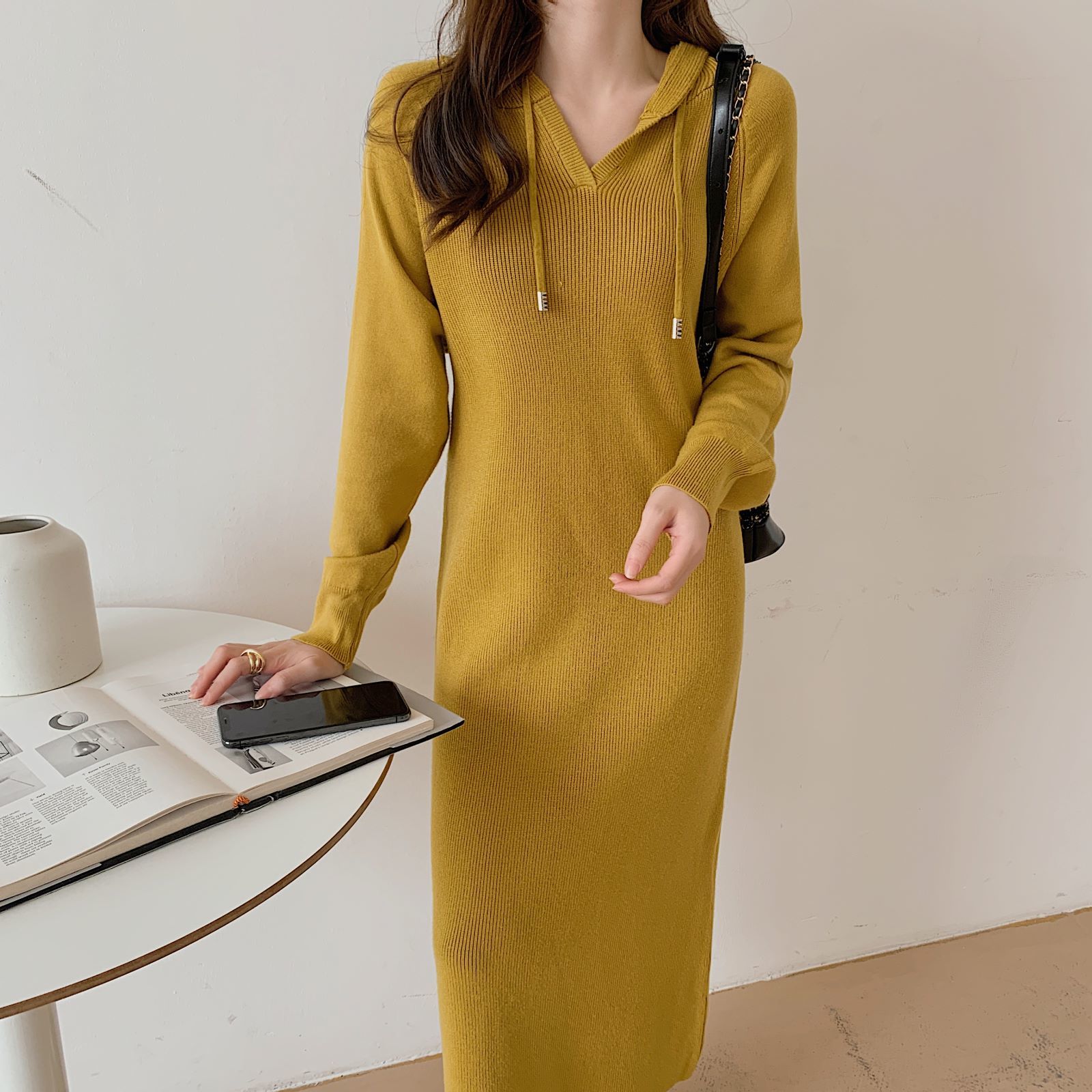 Arrival Autumn Winter Women Hooded Dresses Knitted Loose Fashion Korea Chic Elegant Casual Solid Midi Female Long Vestidos 210520