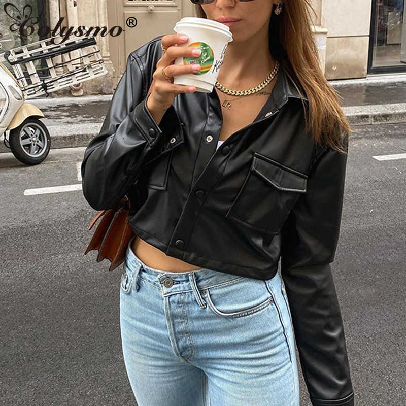 Colysmo Button up Shirt Women PU Leather Single Breasted Notched Loose Long Sleeve Top Black Crop Blouse Chic Autumn Streetwear 210527