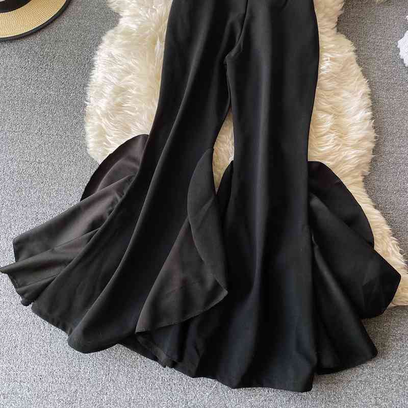 Fashion Ruffle Flare Pants Black Women Bodycon High Waist Bell-Bottoms Pant Chic Solid Color Trouser Streetwear 210506