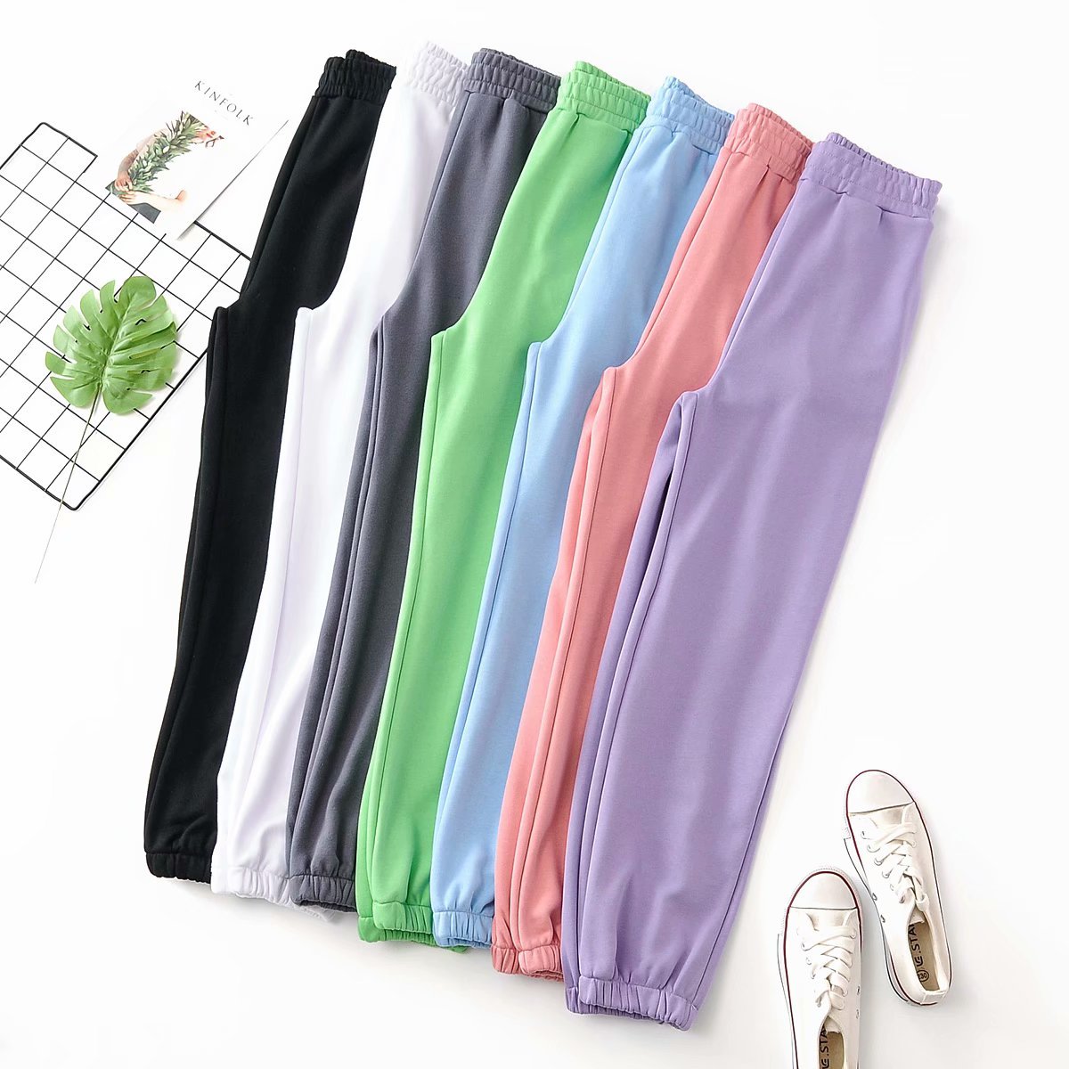 Fashion High waisted pants women korean vintage sweatpants casual White joggers baggy long pink trousers winter 210521