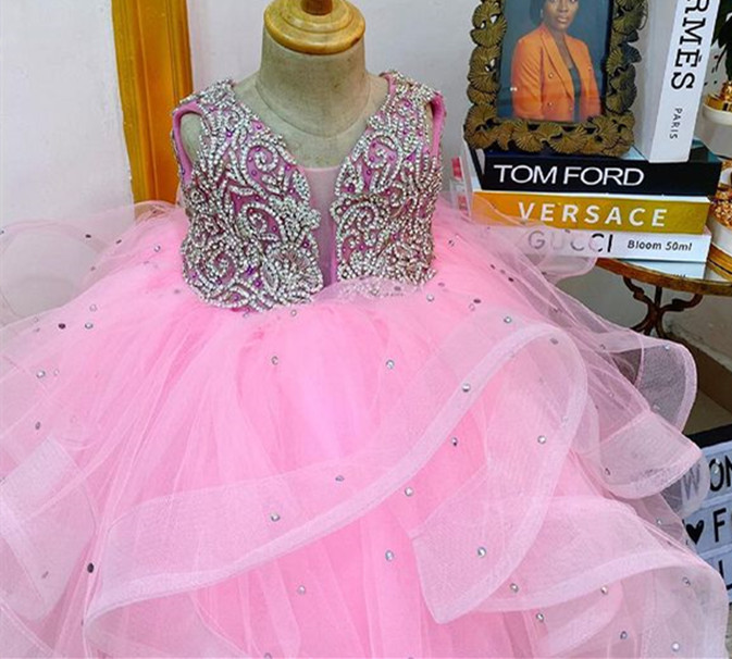 2021 Pink Luxurious Crystals Flower Girl Dresses Ball Gown Tulle Bow Lilttle Kids Birthday Pageant Weddding Gowns ZJ676