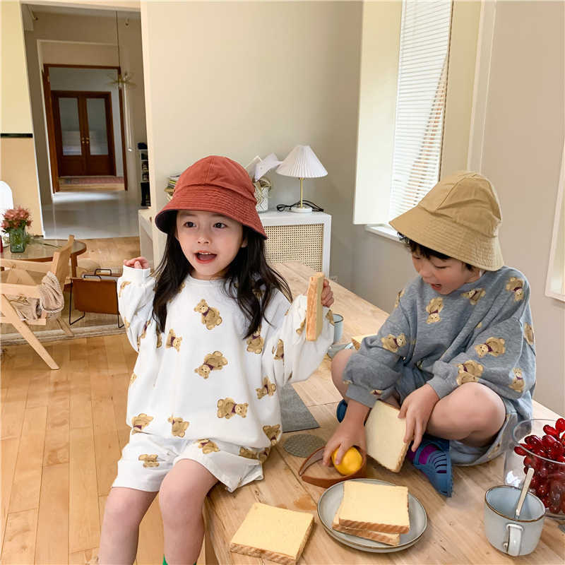 Korean style boys and girls cute cartoon clothes set fashion cotton long sleeve top pant unisex kids loose 2pcs suit 210615