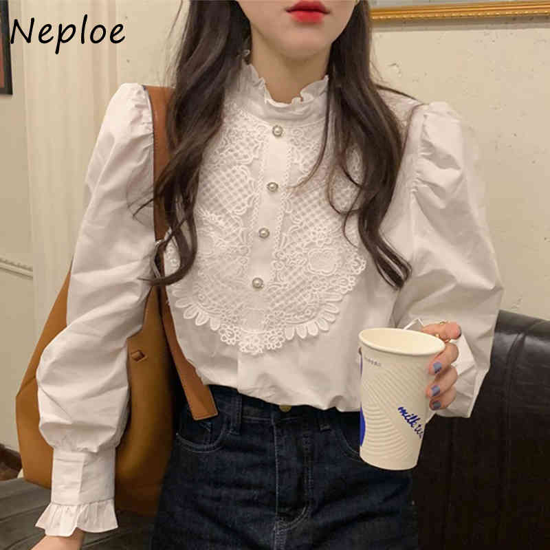 Korean Wooden Ear Lace Hook Flower Patch Elegant Blouse Women Stand Collar Long Sleeve Single Breast Blusas Slim Shirt 210422