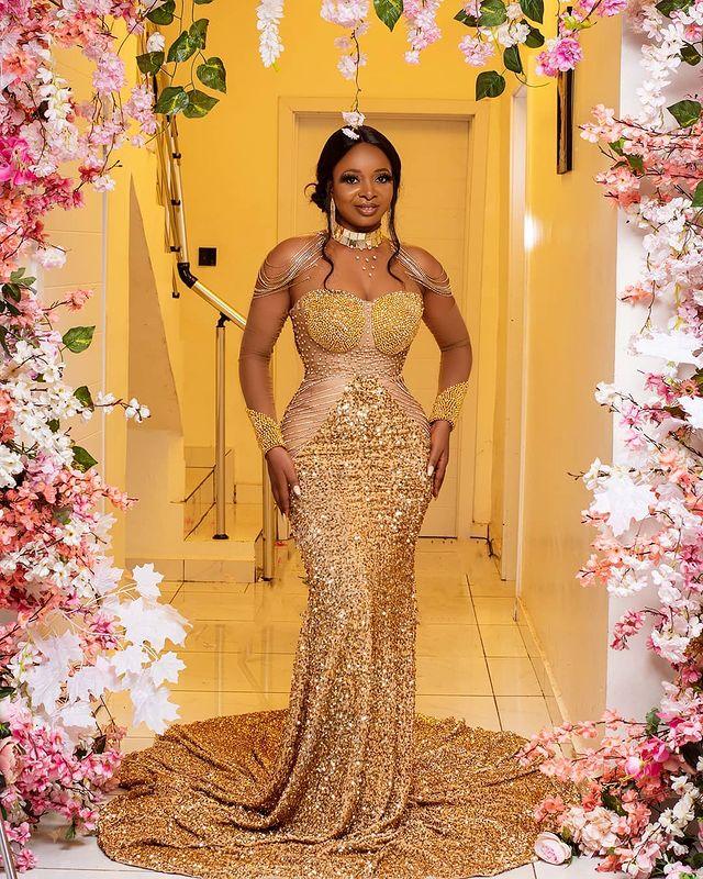 2022 Plus Size Arabic Aso Ebi Gold Luxurious Mermaid Prom Dresses Sheer Neck Beaded Sequined Evening Formal Party Second Reception Gowns Dress BC12344