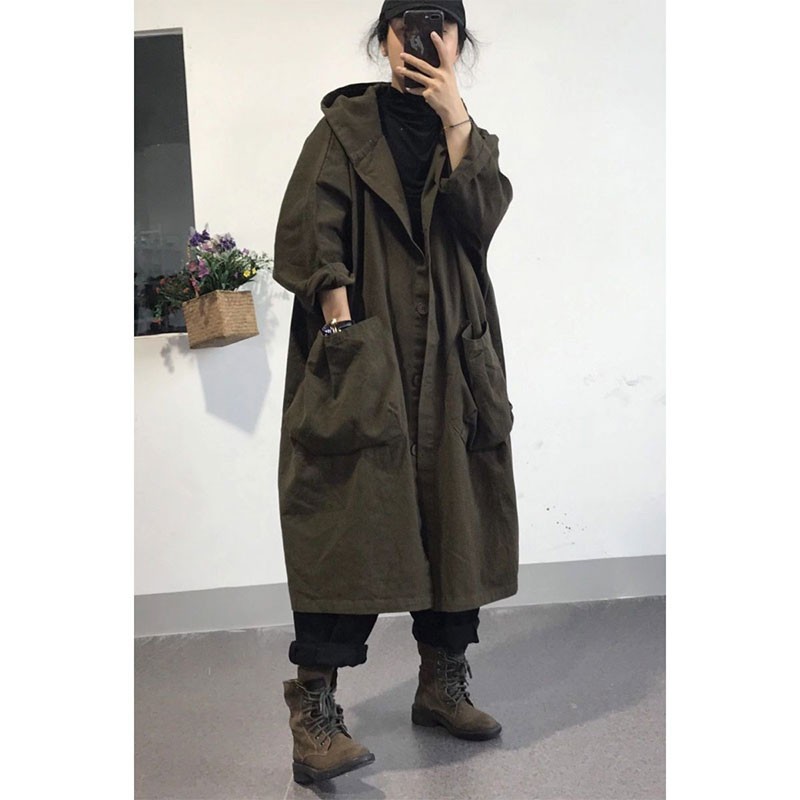 Autumn Korea Fashion Women Loose Hooded Trench Coat All-matched Casual Single Breasted Long Femme M593 210512