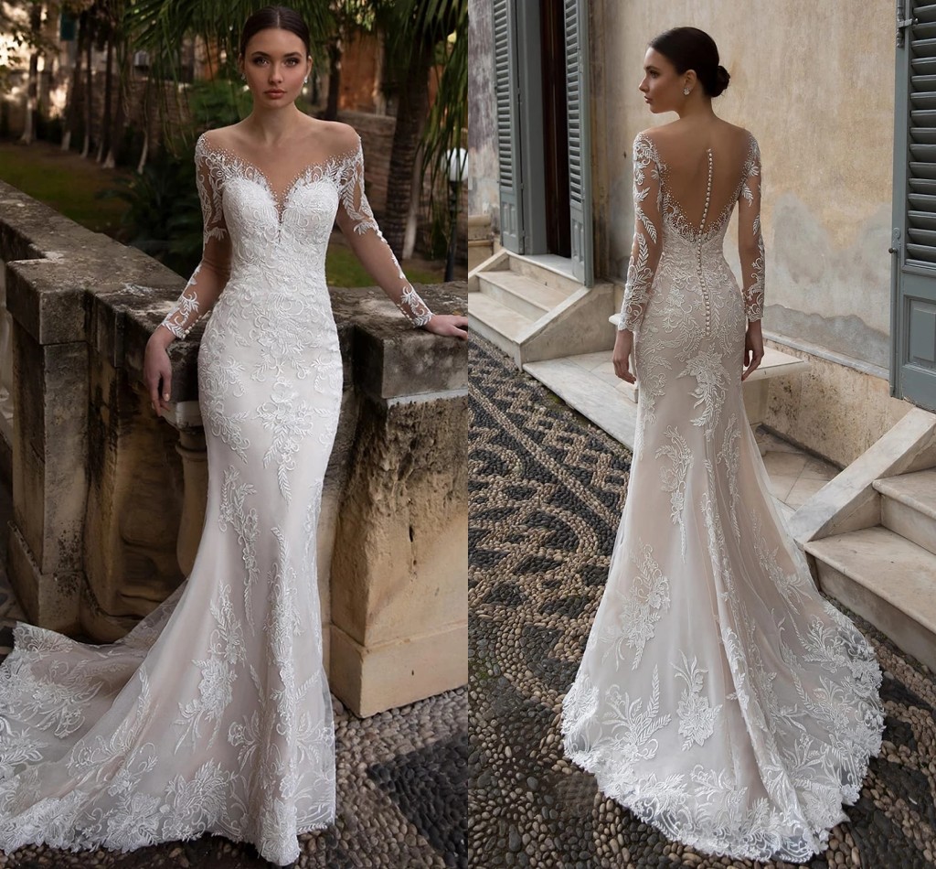 Wedding Mermaid Vintage Lace Dresses Long Sleeves Sheer Neck Country Bridal Gowns Sweep Train Illusion Back Buttons Vestidos De Novia Plus Size Elegan