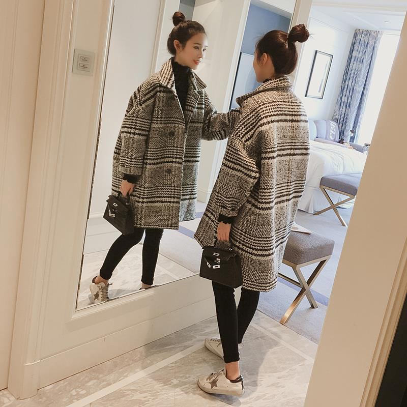 Autumn Winter Korea Fashion Women Plaid Woolen Coats Loose Casual Single Breasted Vintage Overcoat Female Long Coat S294 210512
