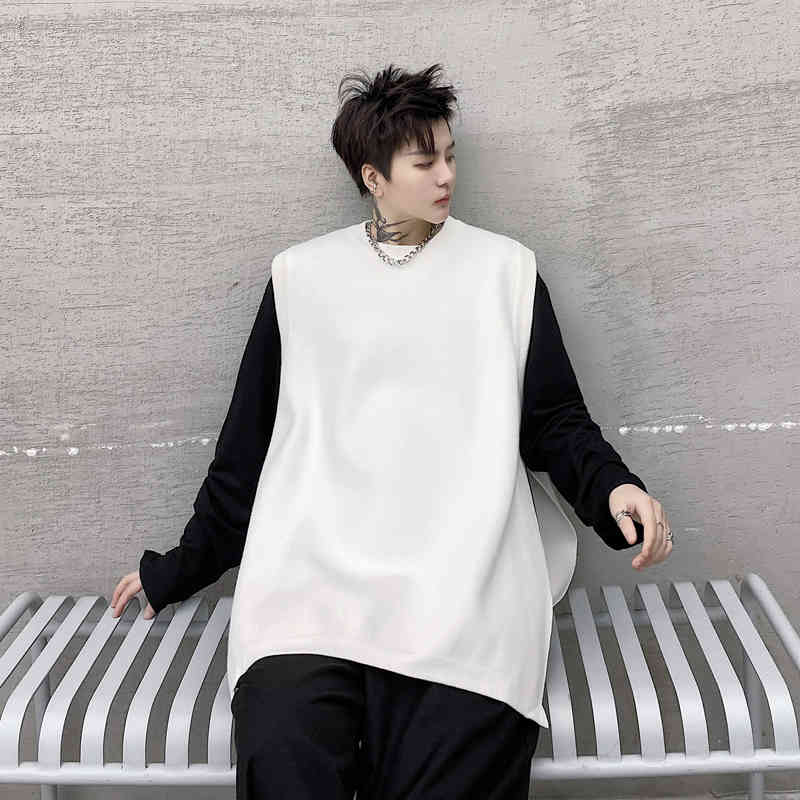 IEFB Spring Solid Color Round Neck Side Button Decoration Men's Knitted Vest Split Sleeveless Waistcoat Loose Casual 9Y5302 210524