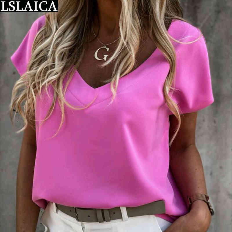 T-shirt Short Sleeve V Neck Casual Solid Ladies Tops Elegant Office Lady Fashion Women's Shirt Summer Loose Shirts for Women 210520