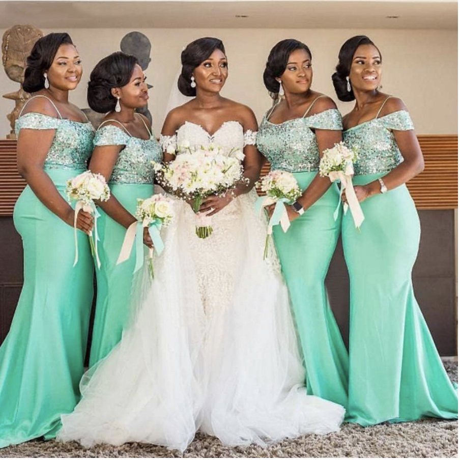 Mint Green Long Bridesmaid Dresses For Black Women Spaghetti Straps Mermaid Sequin Satin Formal Wedding Party Gowns Plus Size
