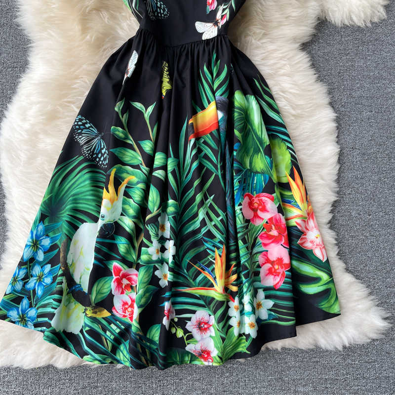 DEAT Women Printing Sandy Beach Dress Round Neck Short Sleeve Arrivals Lady Temperament Fashion Spring Summer 11D610 210709