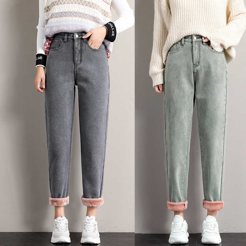 Winter Jeans for Women Velvet Thick Warm Denim Pants High Waist Fleece Mom Vintage Wide Leg AnkleLength Harem 210922