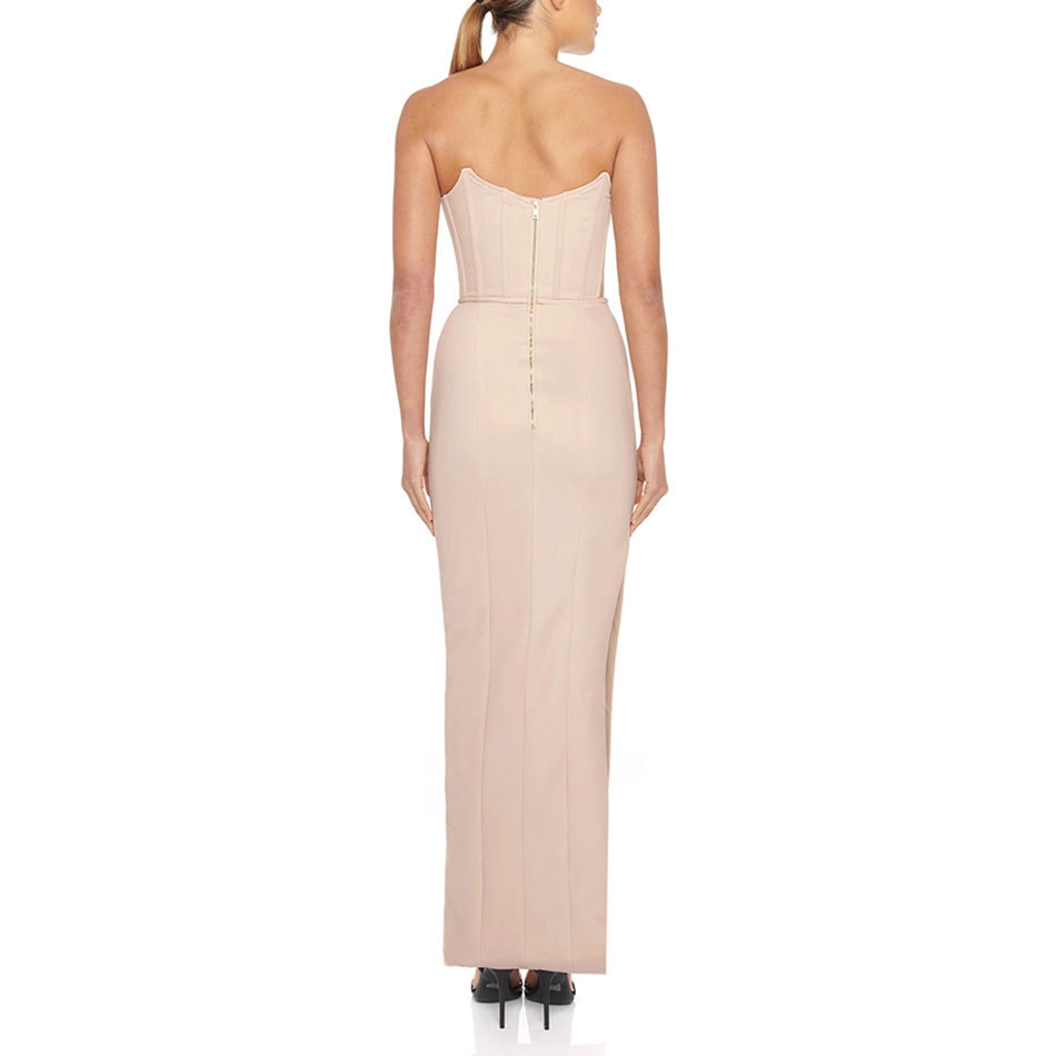 Free Women's Sleeveless Long Bandage Dress Beige Sexy Mesh Strapless Split Bodycon Club Evening Party Dresses 210524