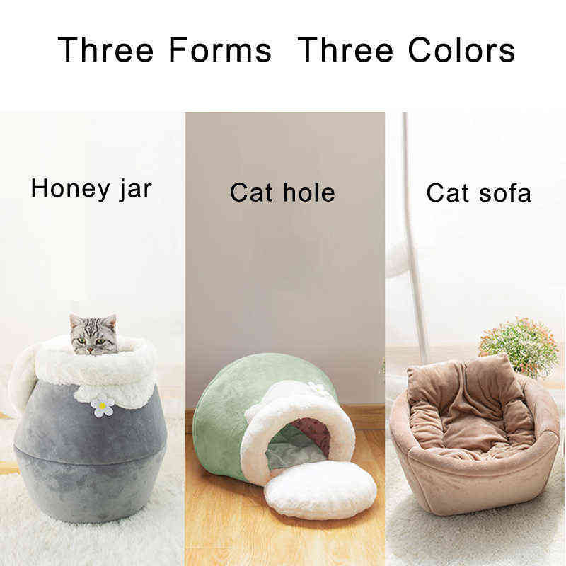 Winter Warm Cat Bed Plush Soft Portable Foldable Round Cute House Cave Sleeping Bag Cushion Pet Kittens Products Toy 211111