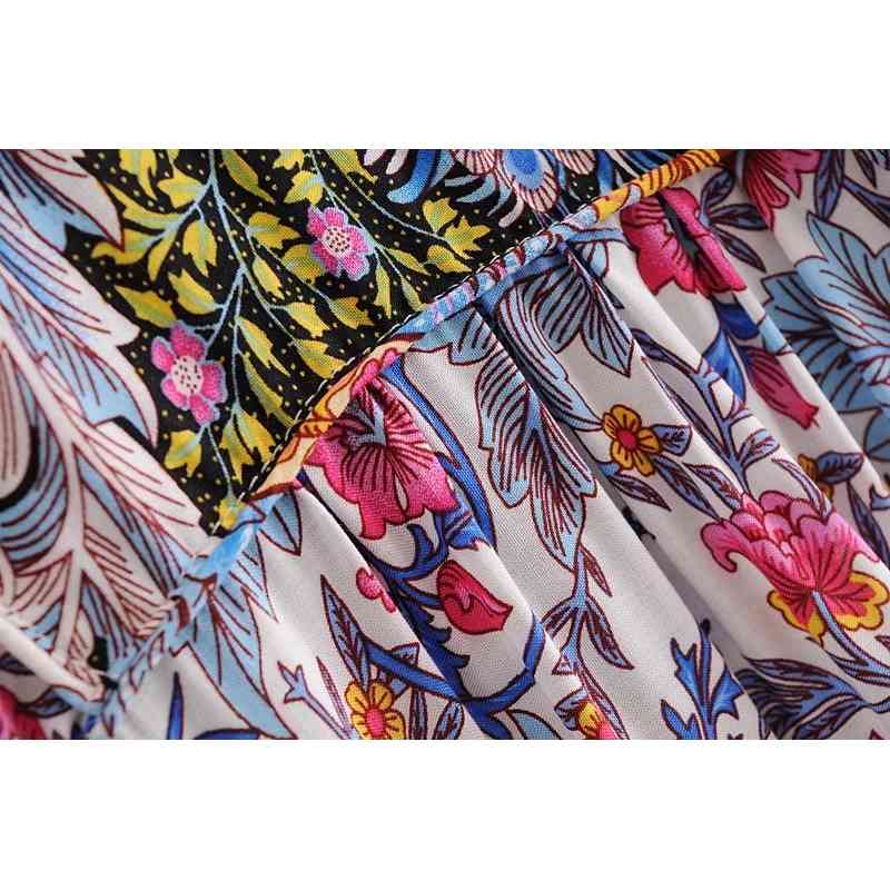 BOHO Lace up V neck Floral Peacock Print Maxi Long Cotton Dress Ethnic Woman Bandage Sleeve Dresses Holiday Vestido 210429