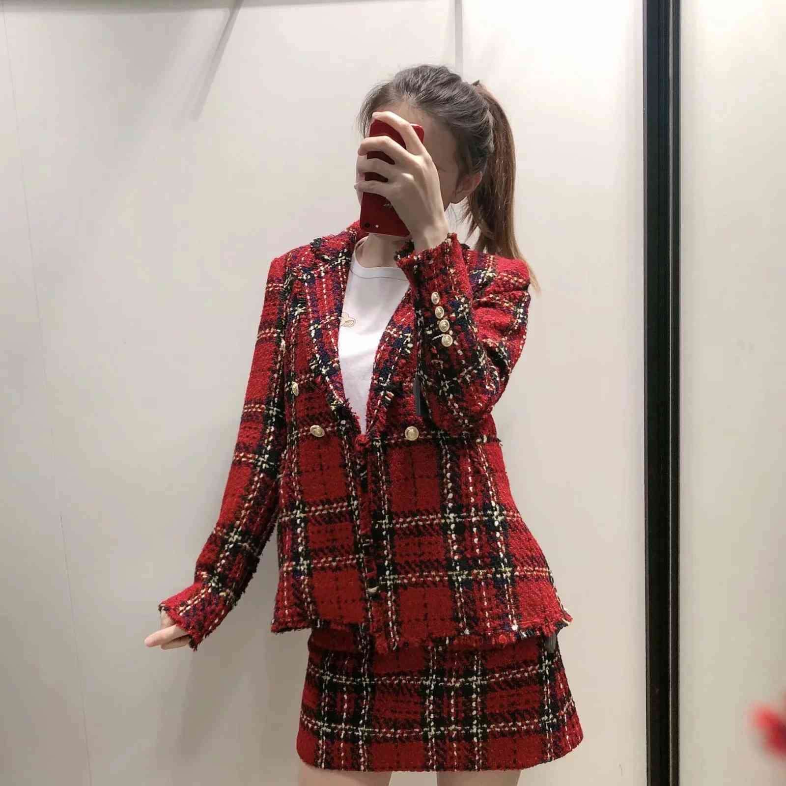 Vintage blazer skirt two piece set women elegant red tweed +plaid casual party club outfits 210521