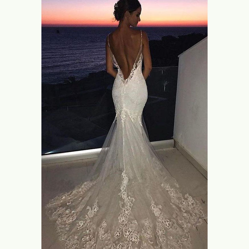 Charming White Mermaid Lace Open Back Bridal Wedding Gowns Spaghetti Straps Appliqued Wedding Dresses for Bride 2025