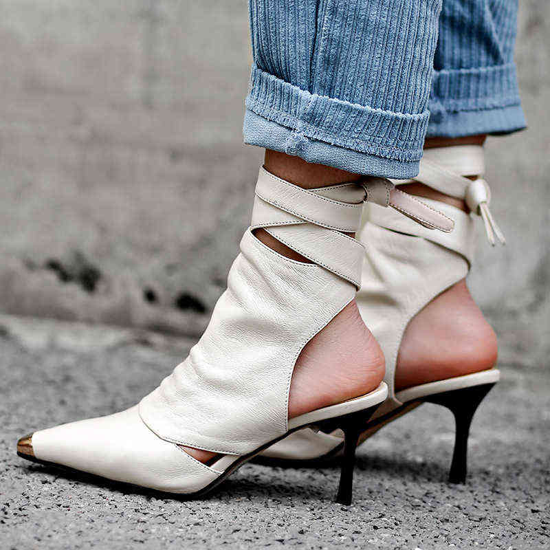 Summer fashion new pointed thin high heels women's shoes style Brown Sandals metal toe hollowed out sandals