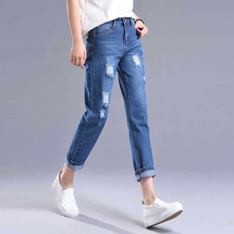 Ripped Jeans For Women Black Mom High Waist Ankle Crop Vintage Baggy Denim Pants Loose Korean Green 210809