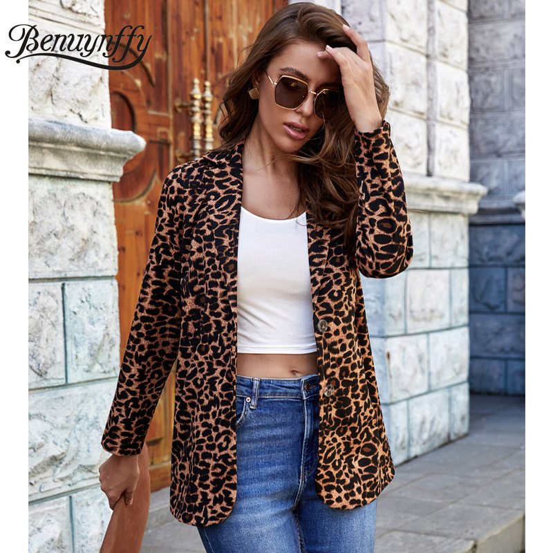 Fashion Leopard Print Long Sleeve Blazer Women Autumn Casual Single Breasted Jacket Street Office Female Suit Coat 210510