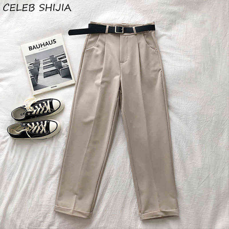 Spring Gray Pants Woman with Belt High Waist Elegant Straight Leg Office Lady Business Chic Baggy Trousers Clothes 211115