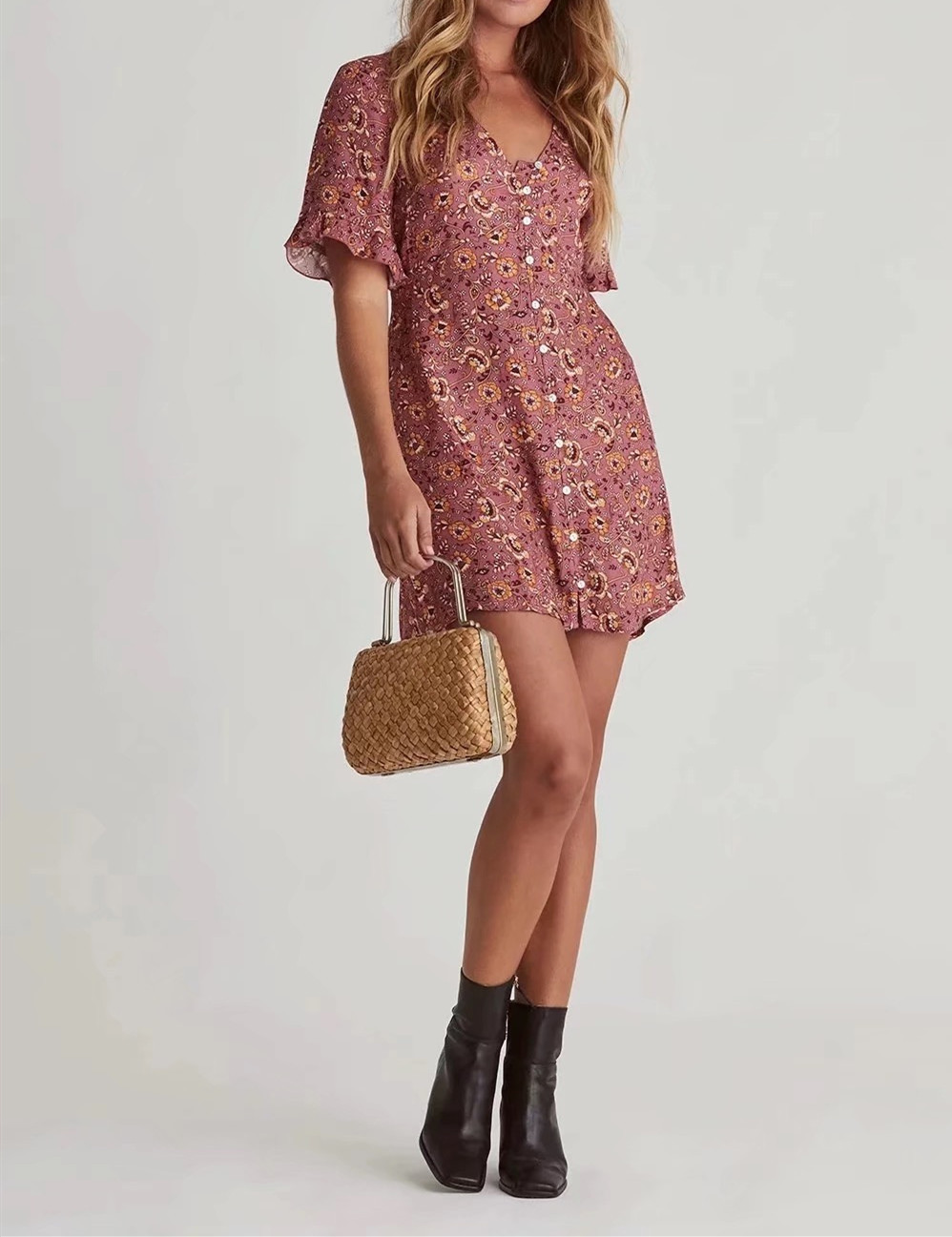 Bohemia Tie Bow Sashes V neck Floral Print wood ears Short Sleeve Mini Dress Hippie Woman Holiday Dresses BOHO Vestidos 210429