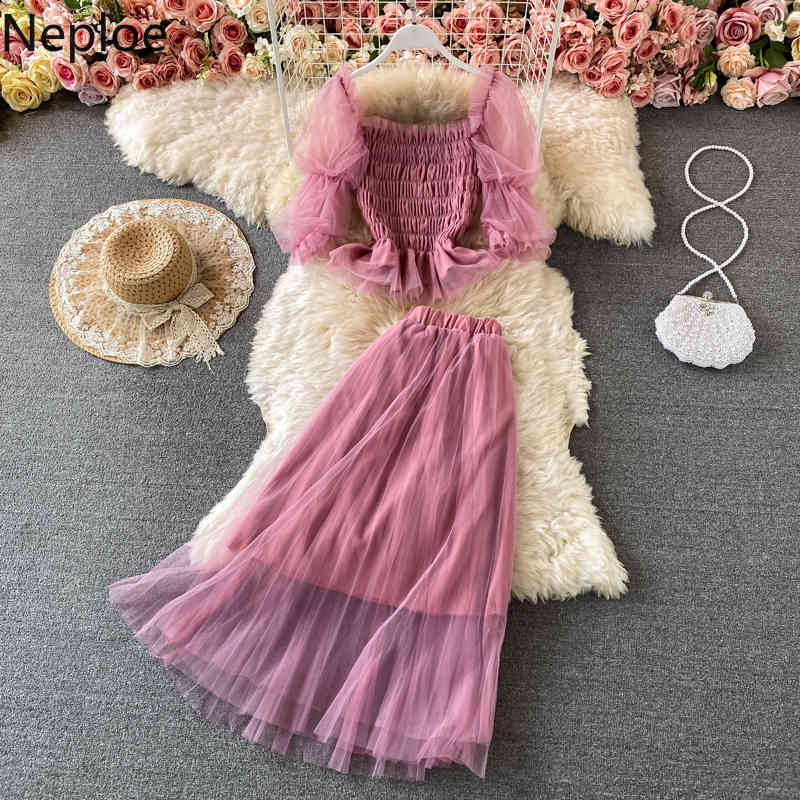 Neploe 2 Piece Set Women Gauze Patchwork Pleated Crop Tops Slim Big Swing Skirt Korean Sweet Suit Summer Femme Roupas 4i392 210422