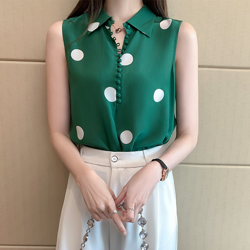 Summer Sleeveless Polka Dot Shirt Woman Casual Printing Women Clothing Button Turn Down Collar Female Blouse Blusas 14452 210508