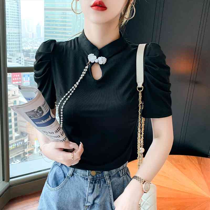 Retro Button Chain Bubble Sleeve Shirt Women's Spring Casual Solid Color Blouse Lady Slim Tops Blusas Mujer White Black 210515
