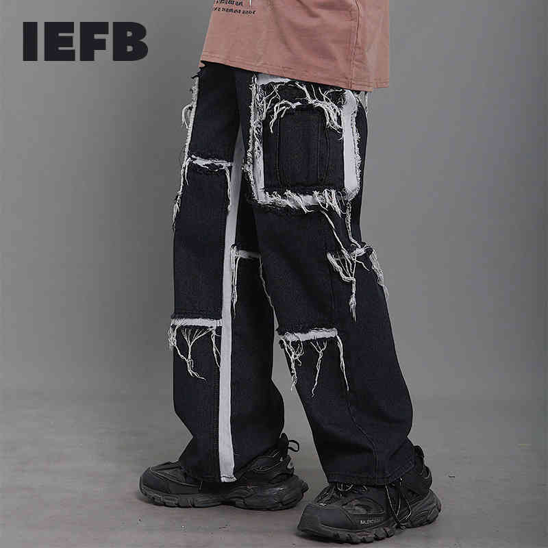 IEFB /men's wear streetewar hip hop loose raw edge patchwork loose jeans male spring straight denim patns 9Y1852 210524