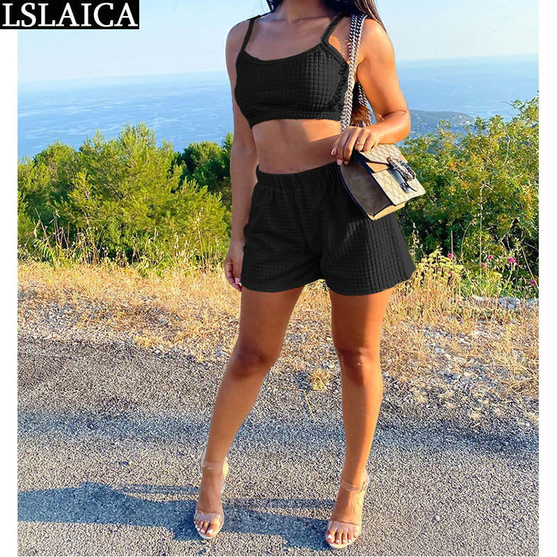 2 Piece Set Fashion Check Pattern Texture Vest Suit Solid Color Two-piece Exposed Navel Sexy & Club Summer Clothes for Women 210520