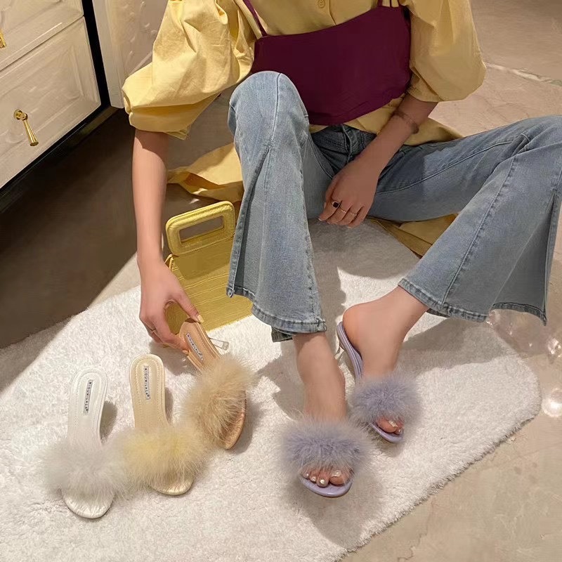 Elegant Fur Women Slides Slippers Open Toe Clear Thin High Heels Pumps Purple Sandals Dress Shoes Fashion Summer Slides Mules 210513