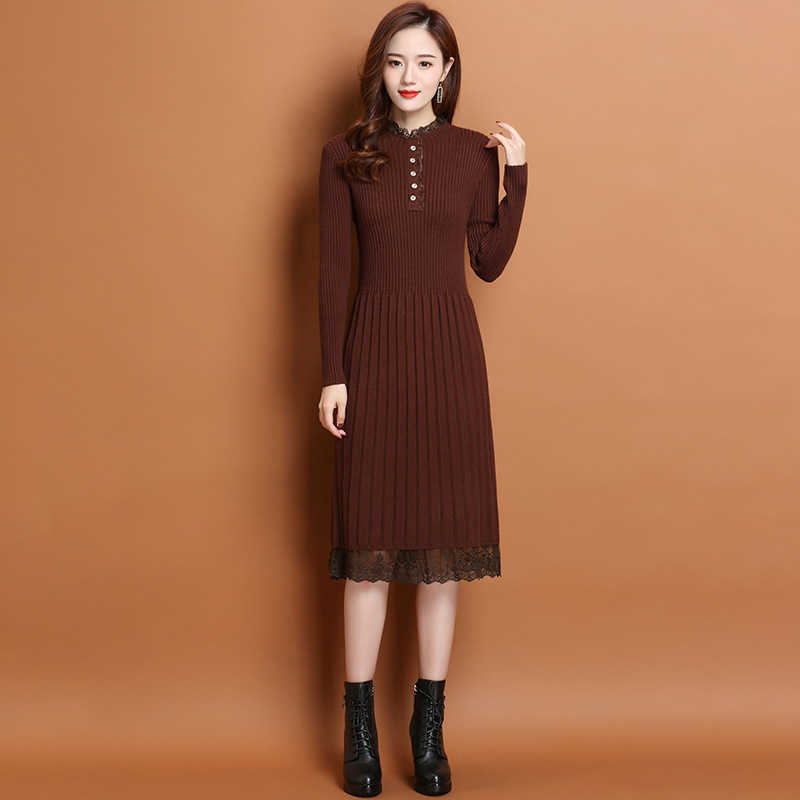 Robe Pull Femme Hiver Lady Korean Style Lace O-neck Long Sleeve Dresses for Women Casual Knee-length Knit Dress Sukienki Damskie 210604