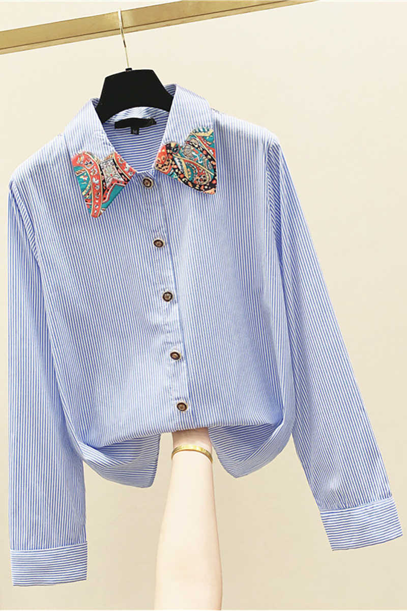 Spring and Autumn Fashion Long Sleeve Blue Vertical Stripe Print Shirt Loose Blouse Plus Size Womens Clothing 210615Z